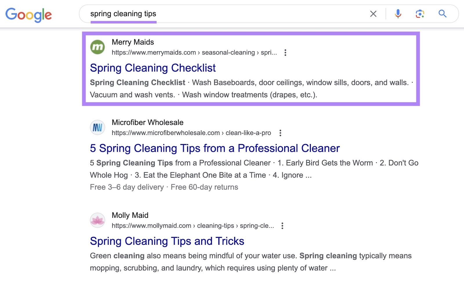 Google SERP for the term &ldquo;spring cleaning tips&rdquo; with a blog article on the Merry Maids website highlighted.