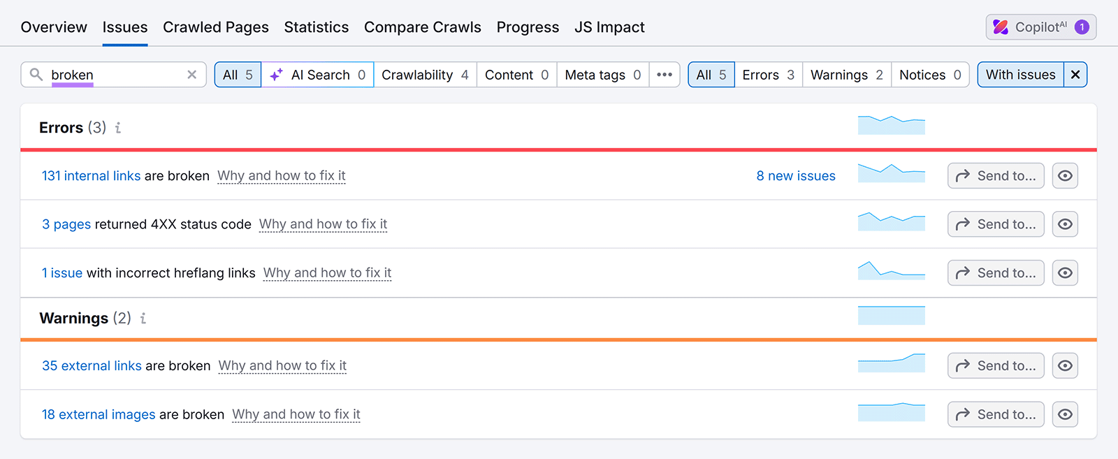 Site Audit Issues tab filtered for &ldquo;broken,&rdquo; showing errors and warnings for broken links and pages.