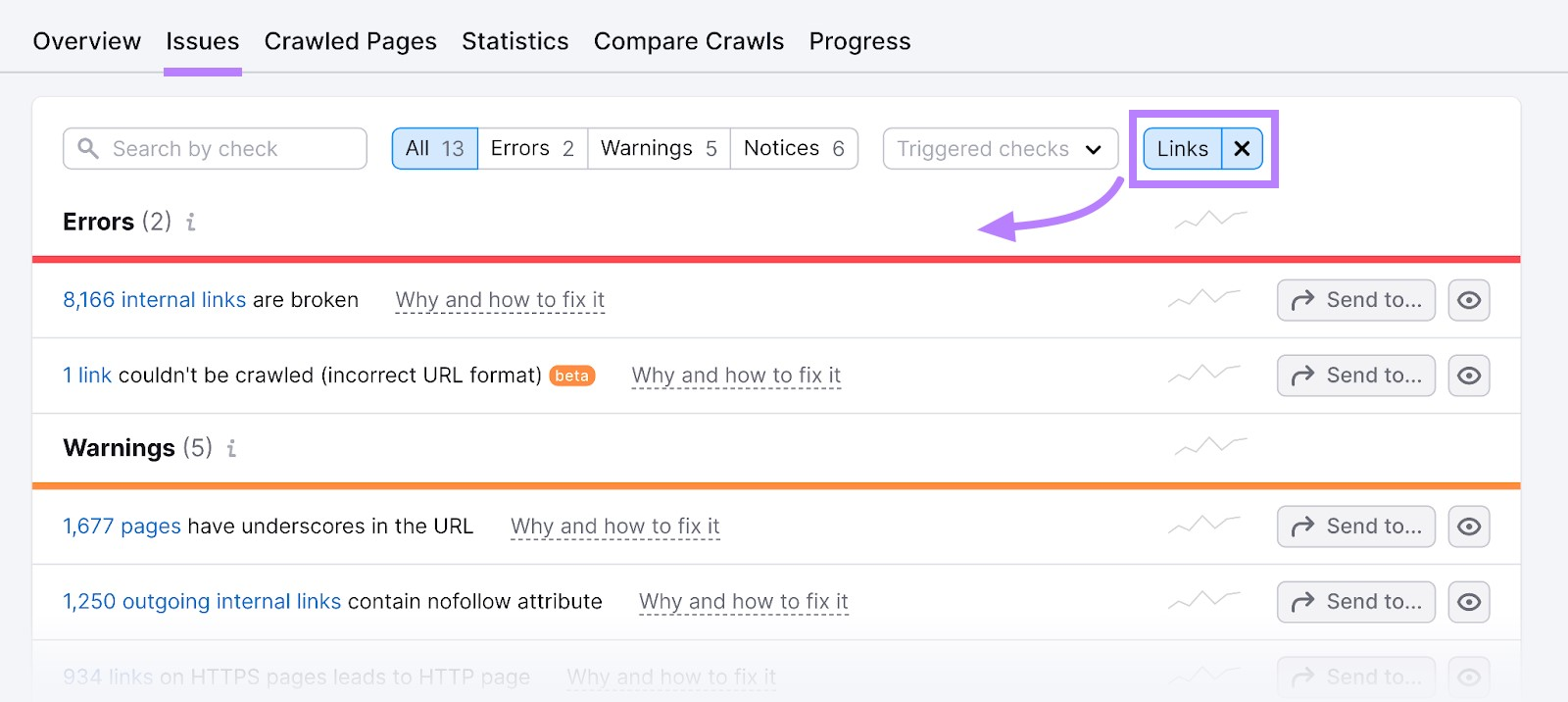 site&rsquo;s links errors, warnings, and notices