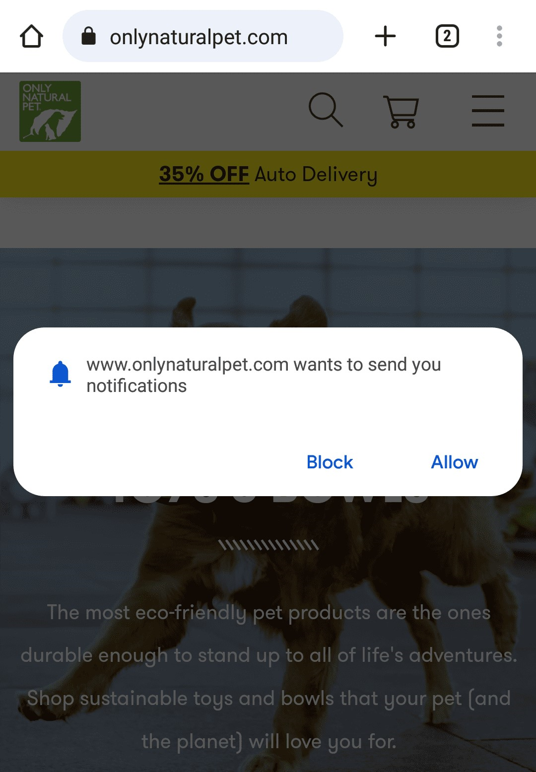 Only Natural Pet's website pop-up asking users if they want to receive the business&rsquo;s notifications