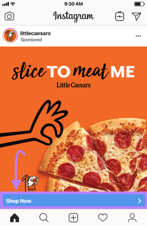 An Instagram ad with a link embedded in the &ldquo;Shop Now&rdquo; banner