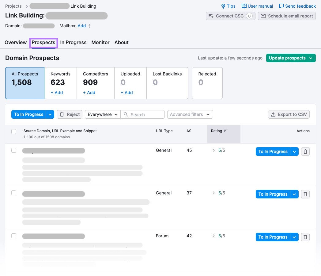 "Prospects" tab in Link Building Tool