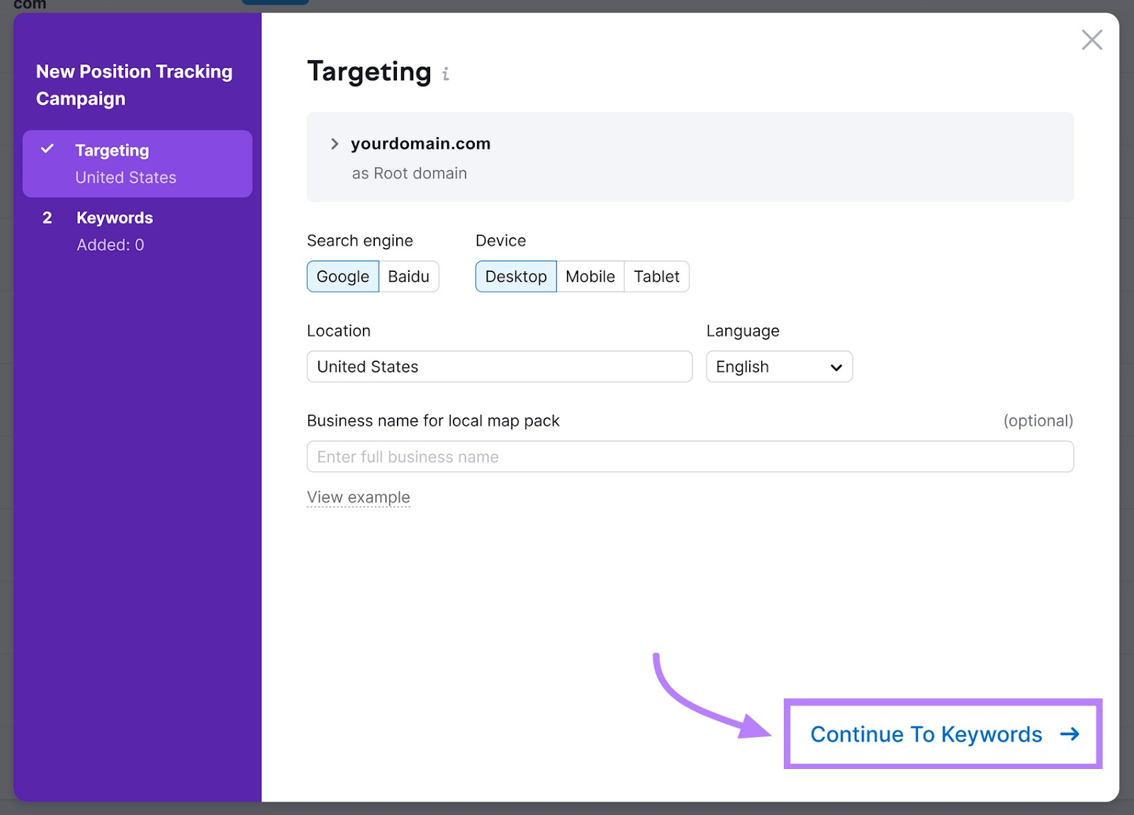 &ldquo;Targeting&rdquo; configuration page in Position Tracking tool