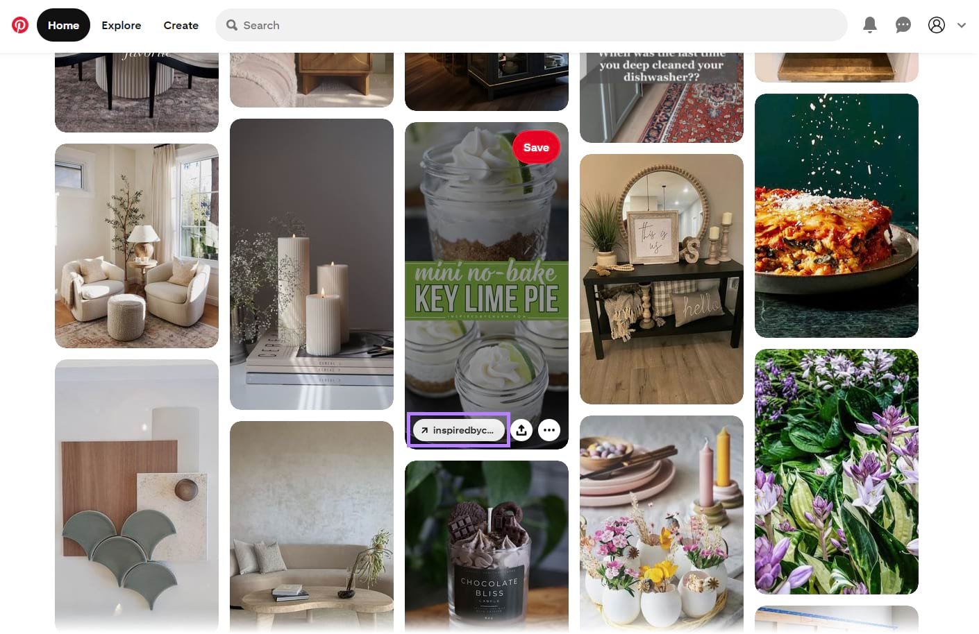 Pinterest feed with a visible link to a website on one of the Pins.