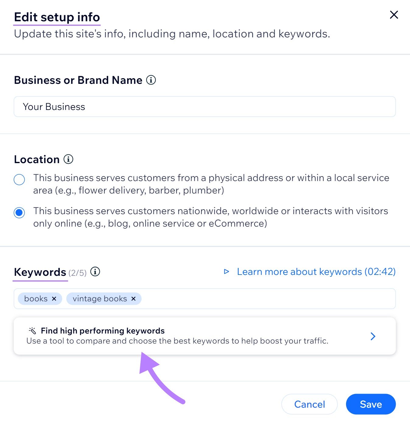 &ldquo;Find high performing keywords&rdquo; option highlighted in wix setup page