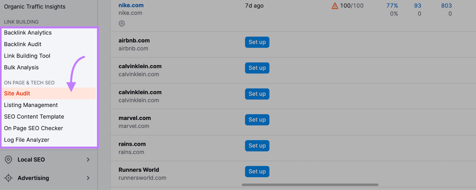 &ldquo;Site Audit&rdquo; selected from the menu