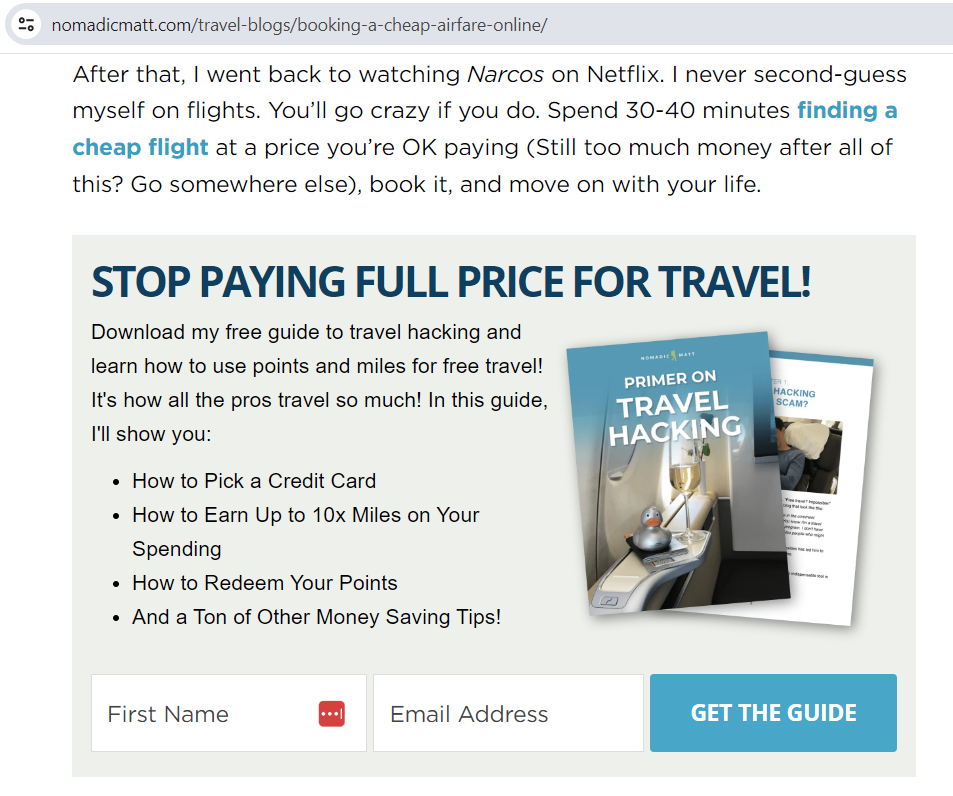&ldquo;Get the Guide&rdquo; CTA on Nomadic Matt's site