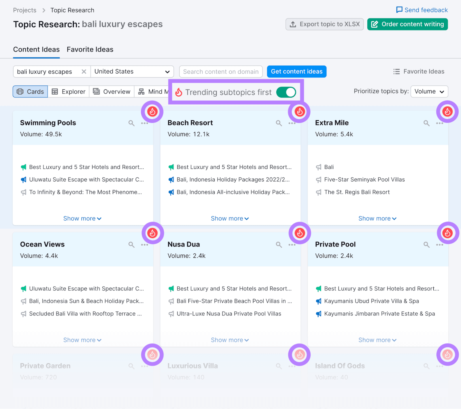 Topic Research "Content Ideas" report with &ldquo;Trending subtopics first&rdquo; switch highlighted