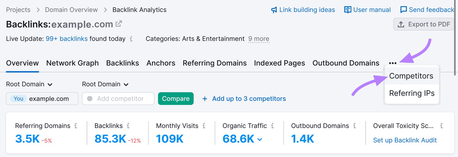 click on &ldquo;Competitors&rdquo; in the upper right corner in Backlinks tool