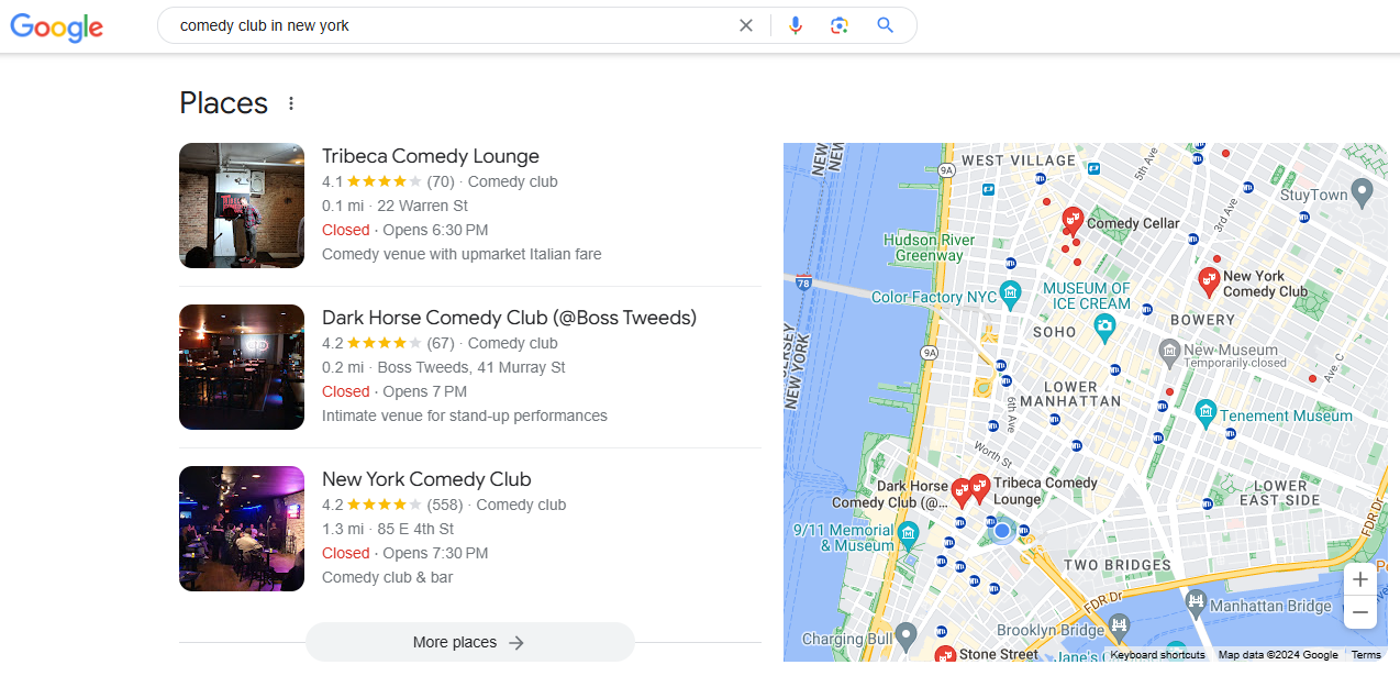 Google Local Pack results for comedy clubs in New York.