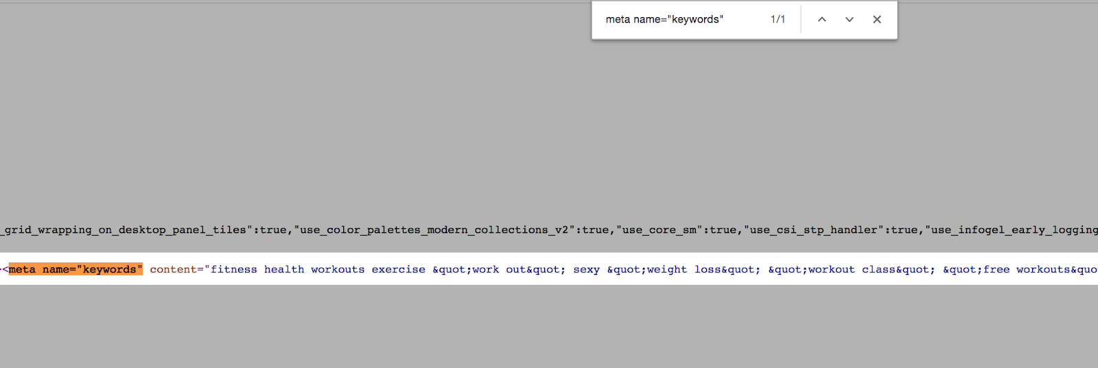 Searching POPSUGAR Fitness page for "meta name=&ldquo;keywords&rdquo;