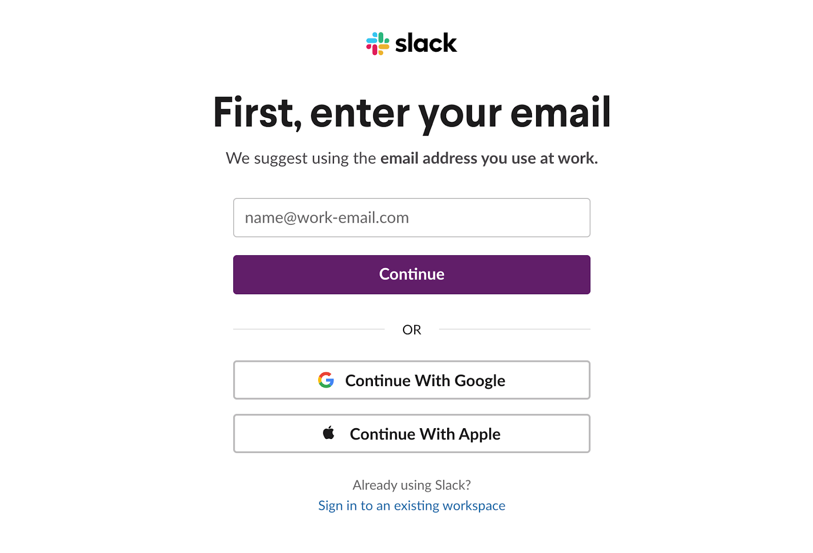 "First, enter your email" pop up window in Slack