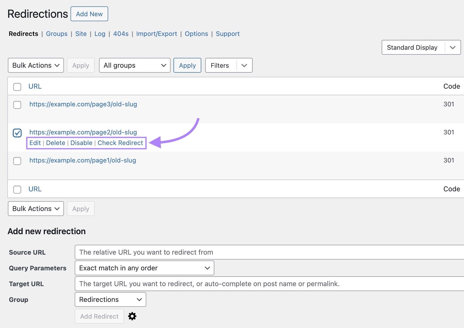 The "Redirection" plugin dashboard on WordPress with options to edit, delete, or disable rules causing redirect loops.