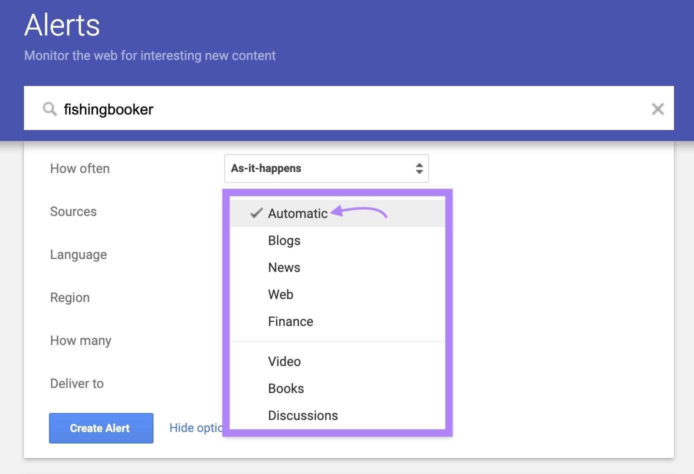 "Sources" drop-down opened and highlighted, and "Automatic" selected on Google Alerts options.