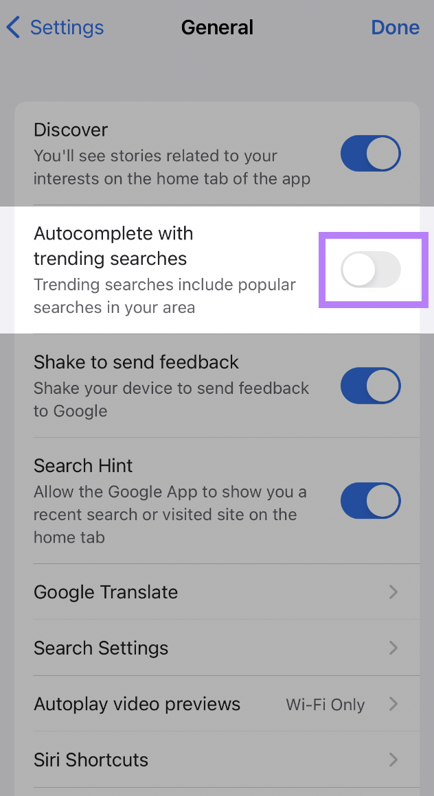 &ldquo;Autocomplete with trending searches&rdquo; switch for Apple iOS devices