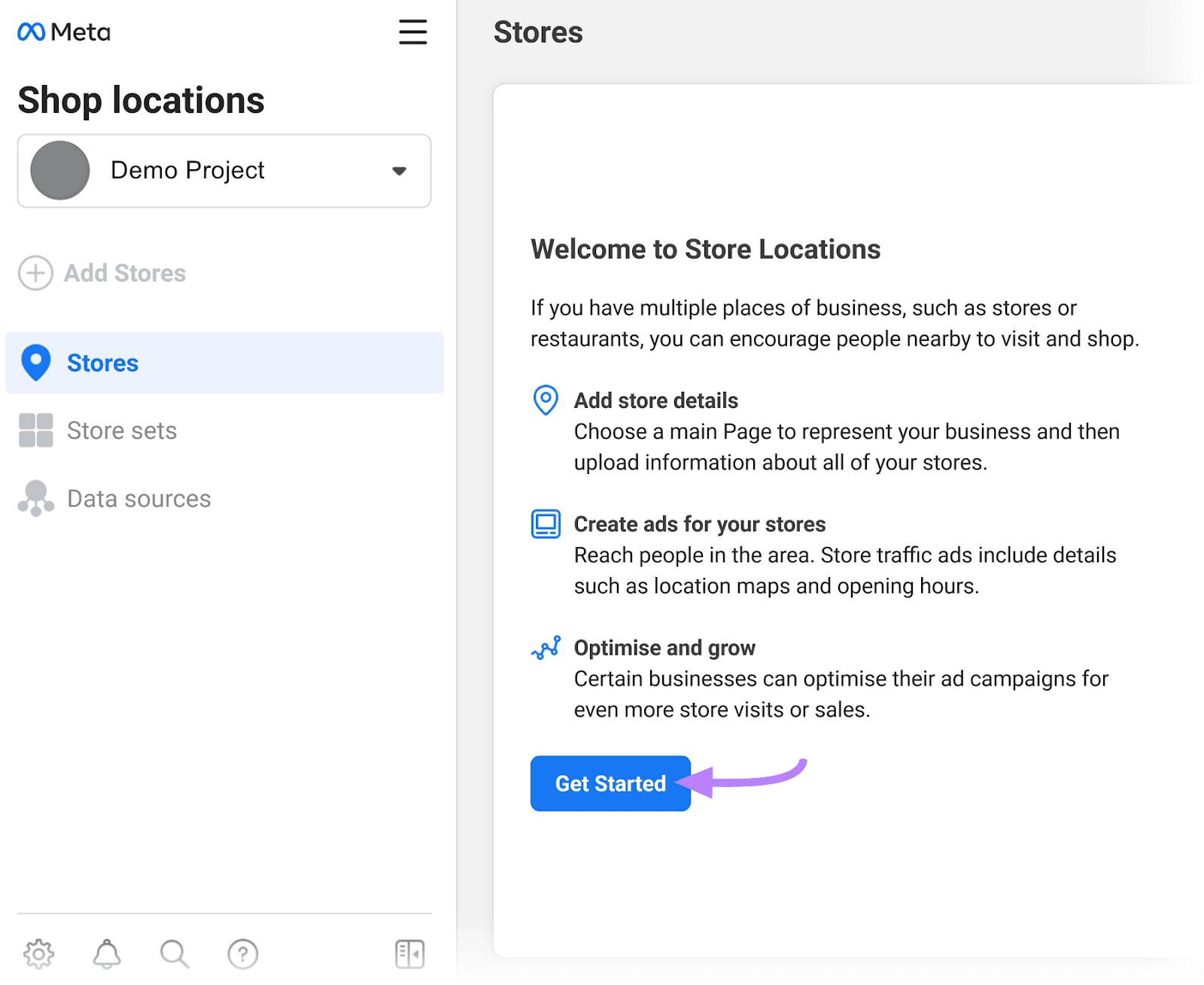 &ldquo;Get Started" button selected on the Store Locations page