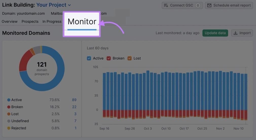 Link Building Tool's &ldquo;Monitor&rdquo; tab