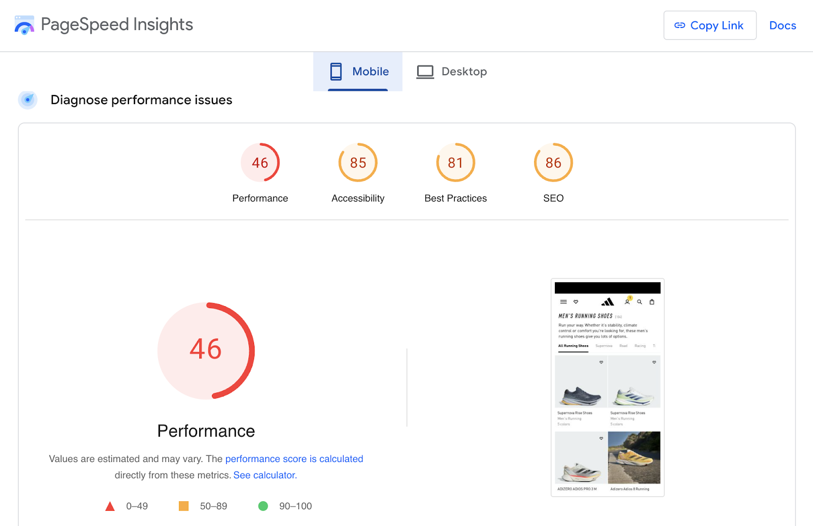 Mobile site&rsquo;s performance score in PageSpeed Insights tool