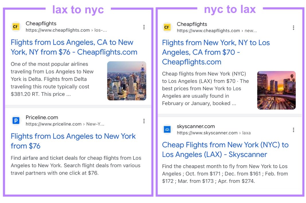 Google results for &ldquo;lax to nyc&rdquo; and &ldquo;nyc to lax&rdquo;