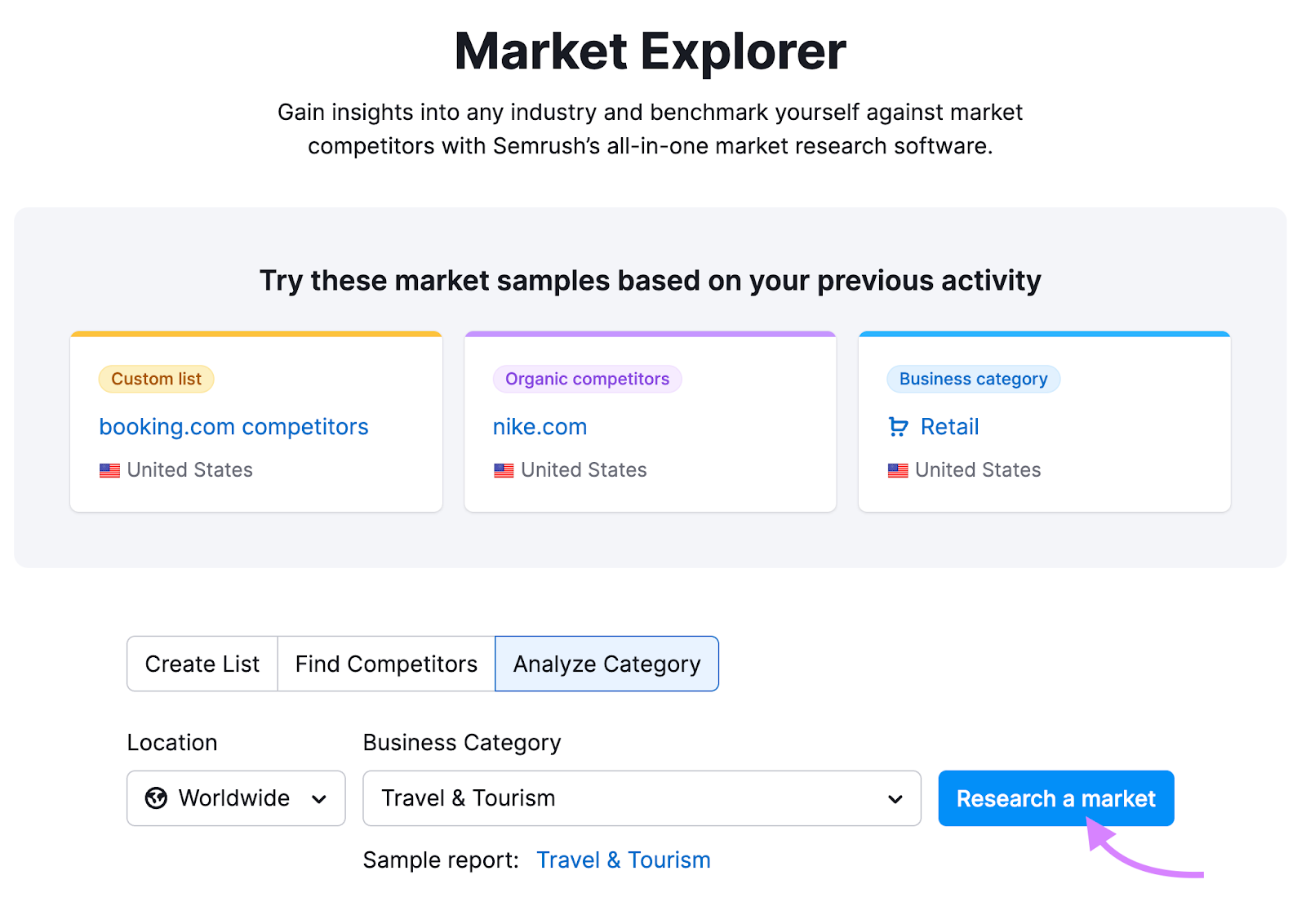 Semrush&rsquo;s Market Explorer tool