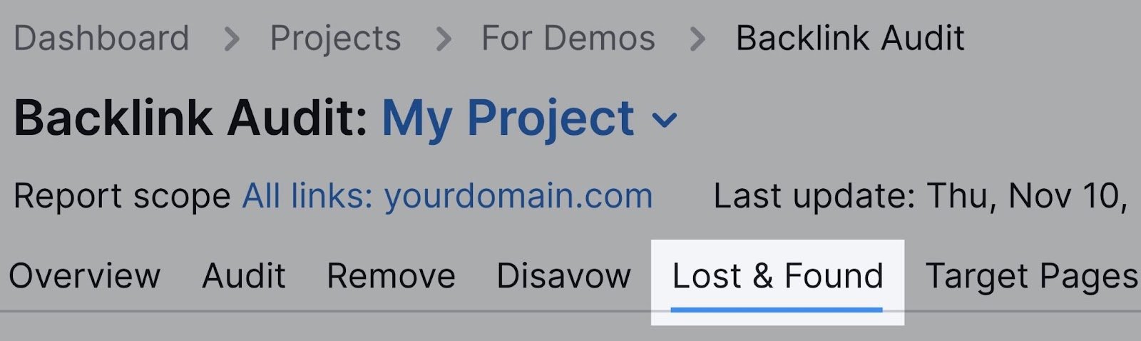&ldquo;Lost & Found&rdquo; tab in Backlink Audit tool