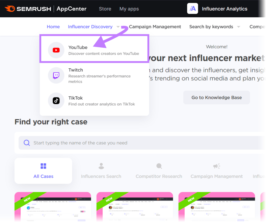 "YouTube" option selected under "Influencer Discovery" drop-down menu in Influencer Analytics tool