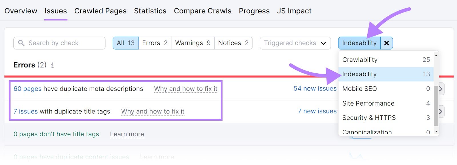 &ldquo;Indexability&rdquo; selected from the &ldquo;Category&rdquo; drop-down menu in Site Audit