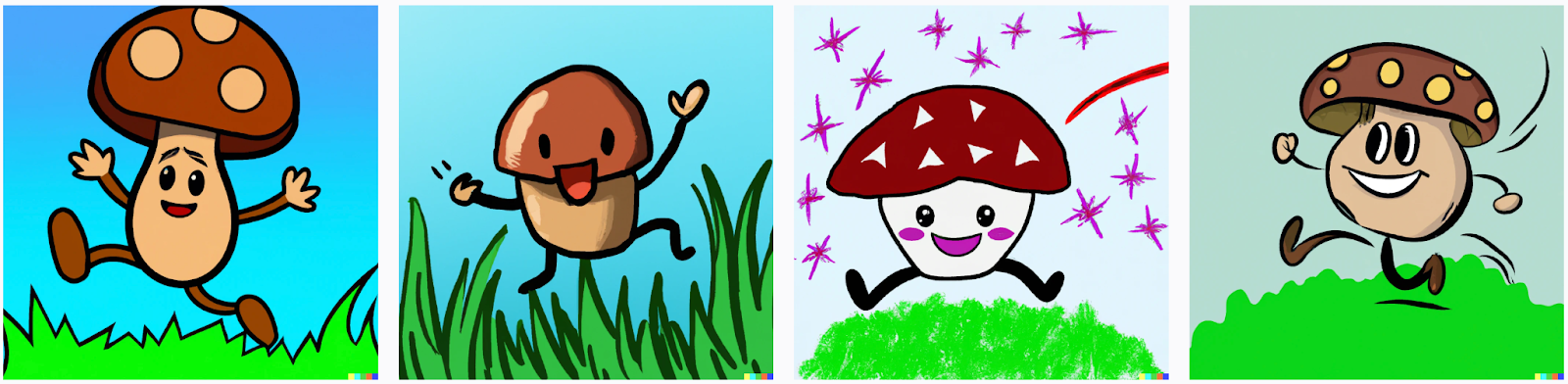 image results for &ldquo;A happy mushroom skipping through a meadow&rdquo; prompt