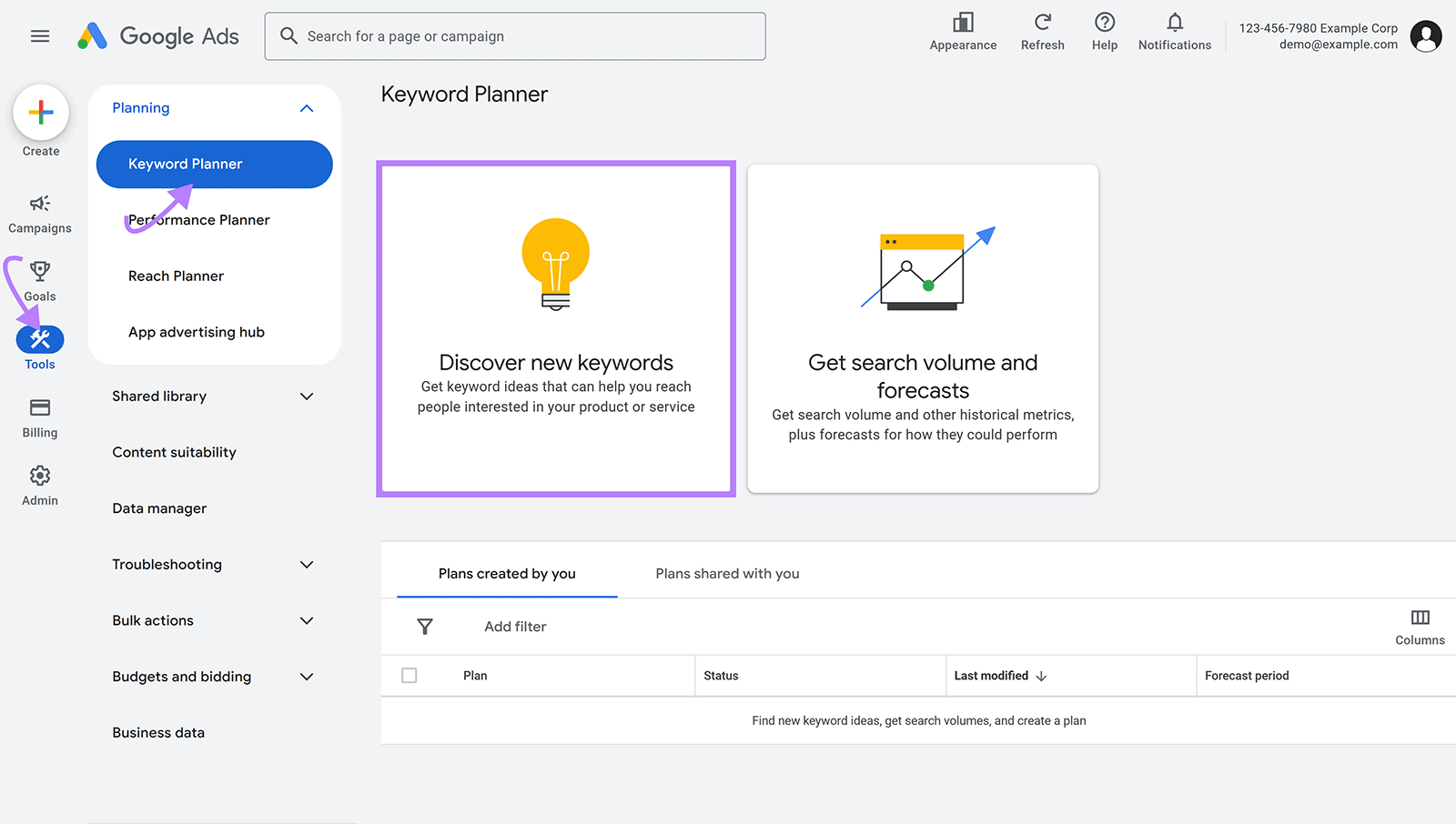 Google Ads Keyword Planner with Tools menu and &ldquo;Keyword Planner&rdquo; highlighted with purple arrow