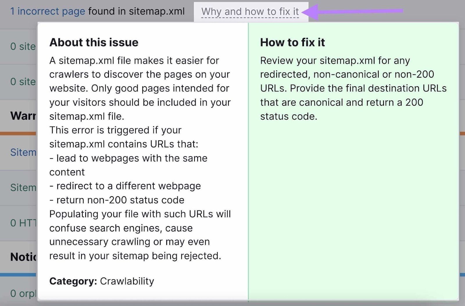 An example of &ldquo;Why and how to fix it&rdquo; section
