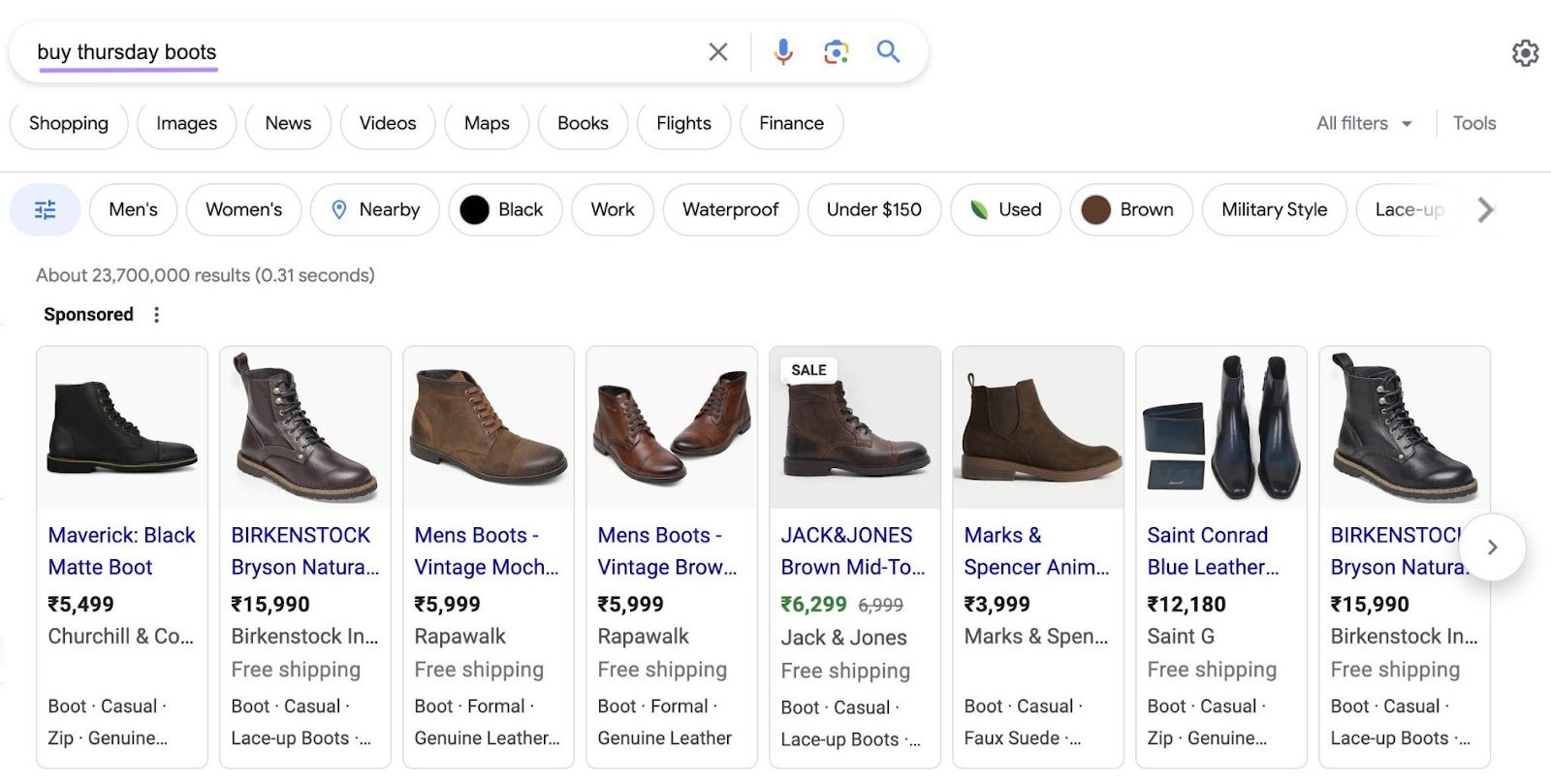 Google shopping ads appearing for &ldquo;buy thursday boots" query