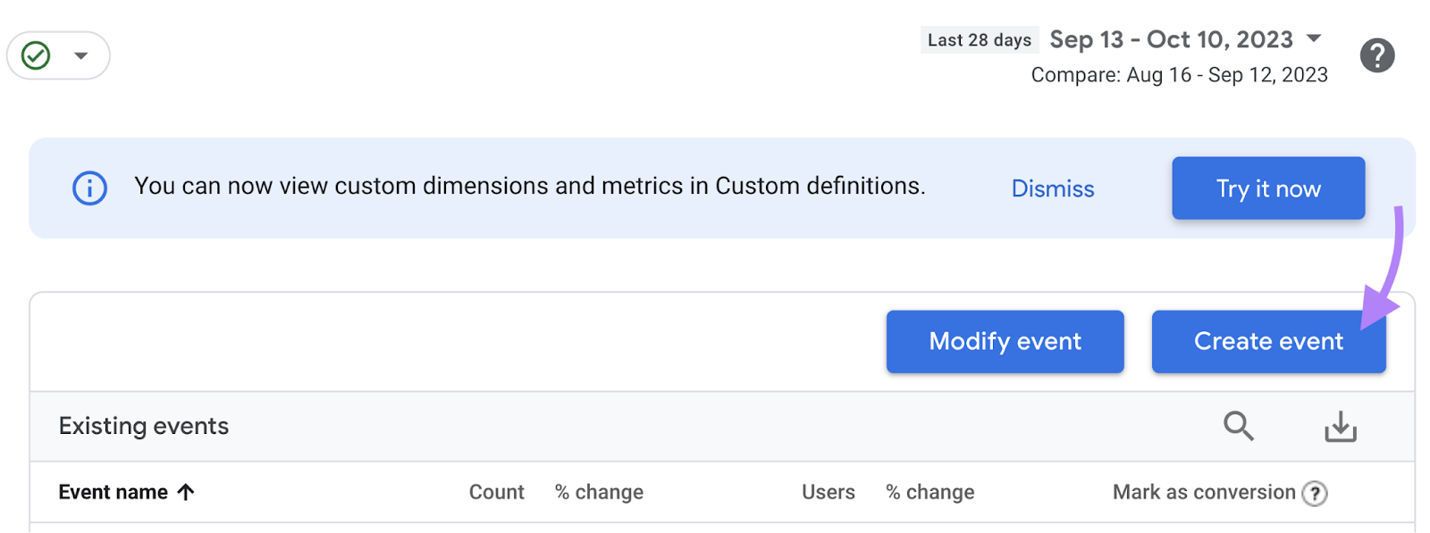 &ldquo;Create event&rdquo; button highlighted in GA4