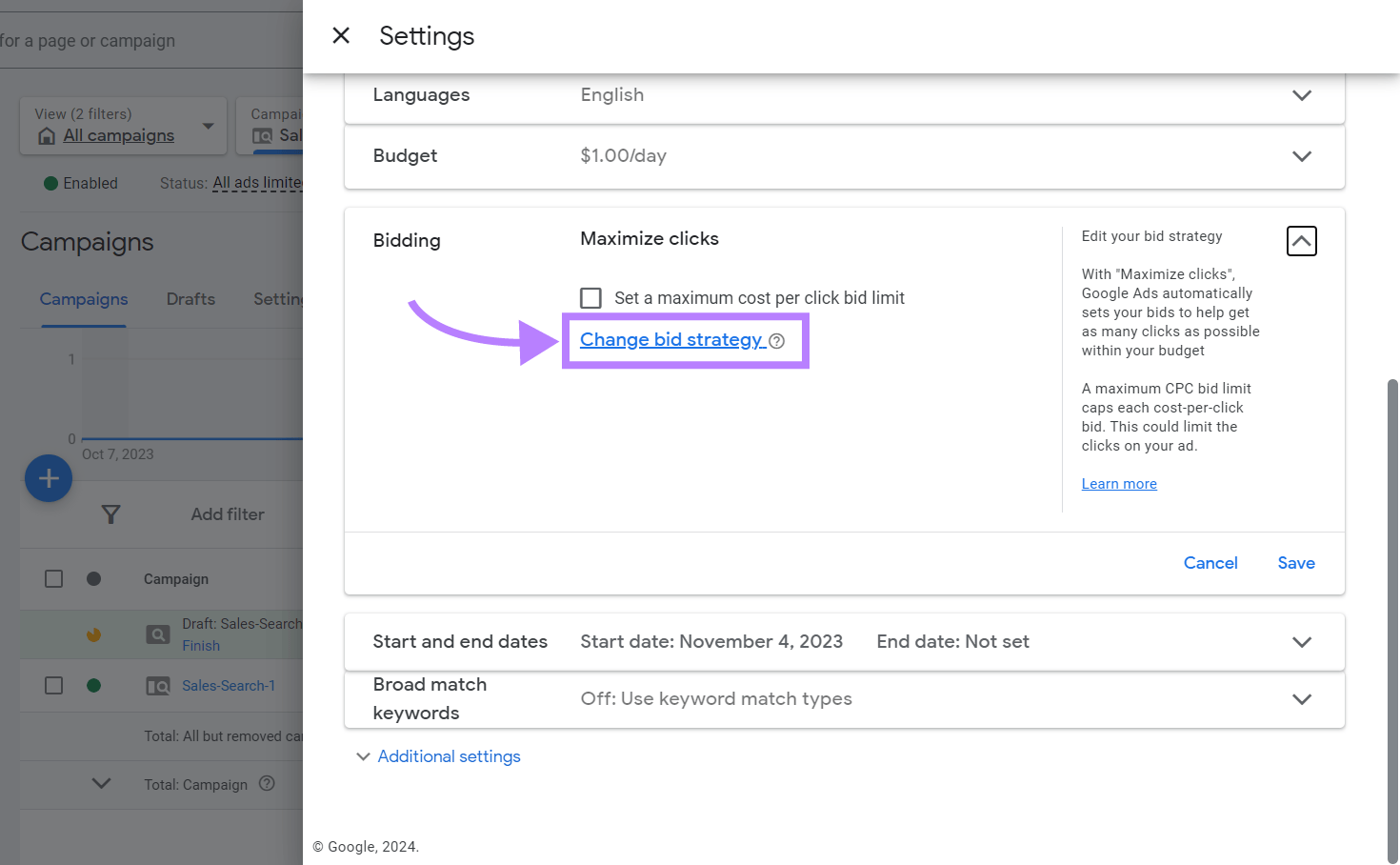 "Change bid strategy&rdquo; button highlighted