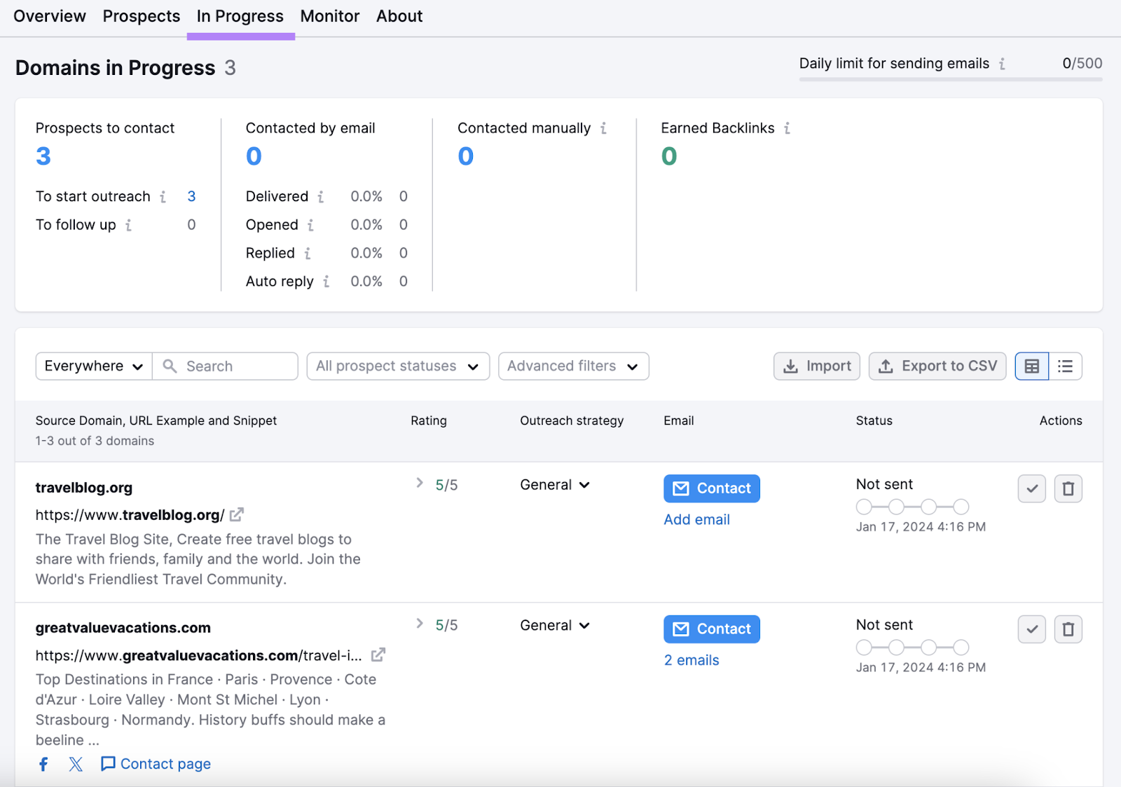 &ldquo;In Progress&rdquo; tab overview in Link Building Tool