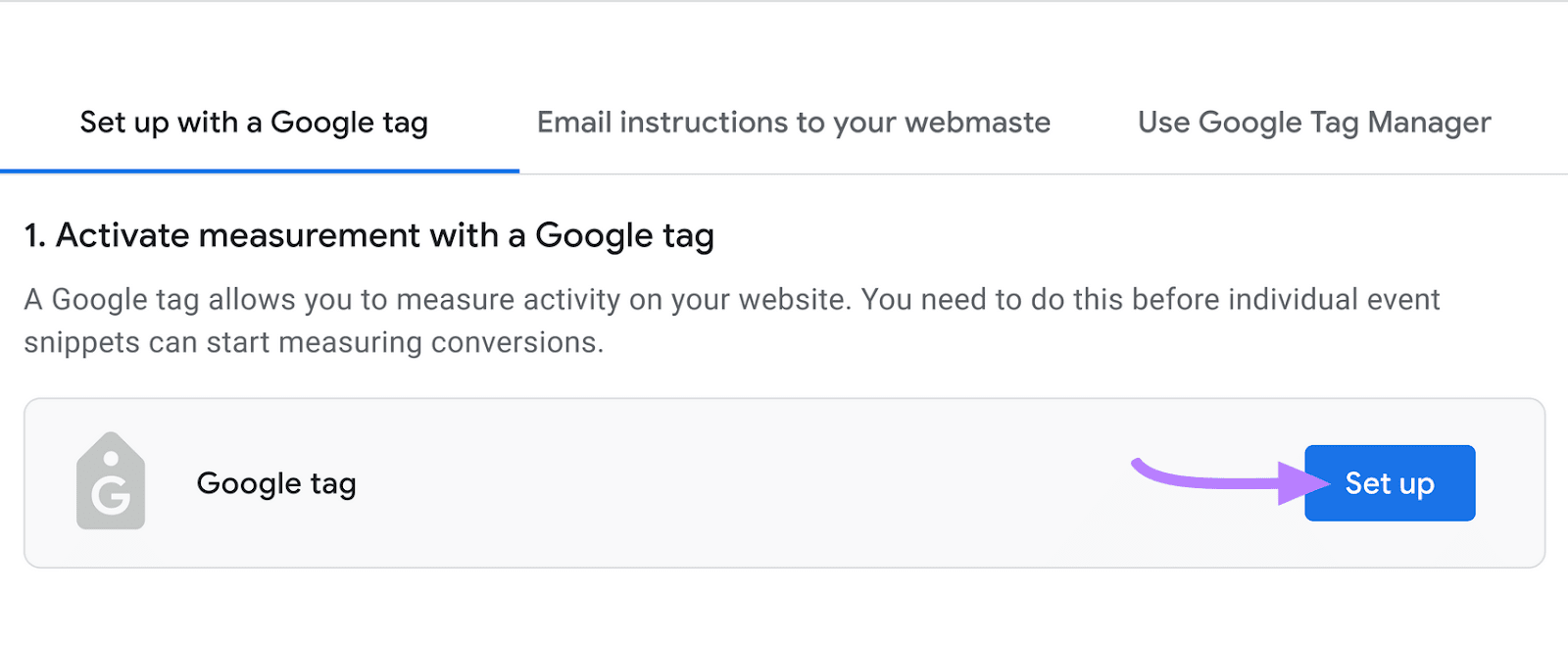 &ldquo;Set up with a Google tag&rdquo; tab