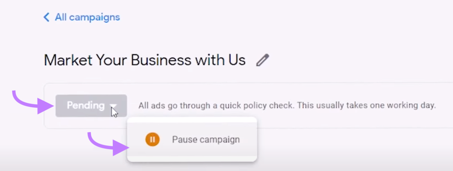 &ldquo;Pending&rdquo; > &ldquo;Pause campaign&rdquo; option shown under "Market Your Business with Us" campaign