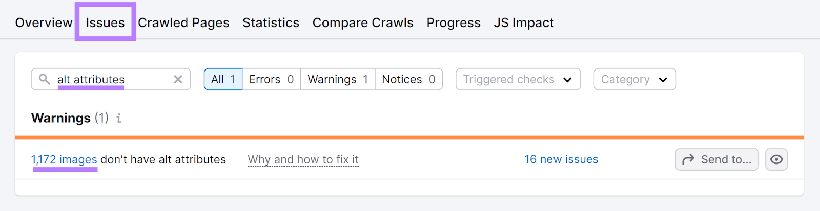 Semrush Site Audit Issues tab with &ldquo;alt attributes&rdquo; typed in the search box