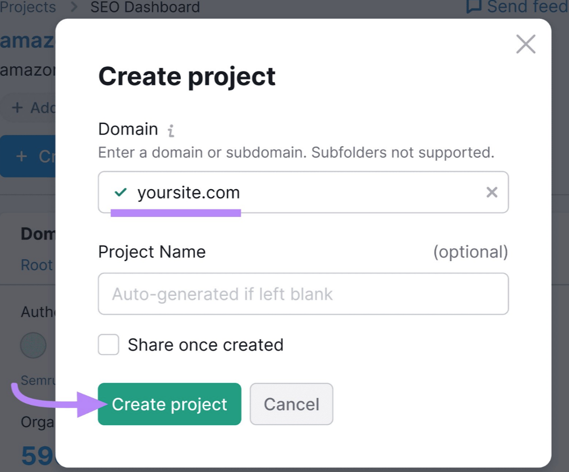&ldquo;Create project&rdquo; pop-up window in Semrush