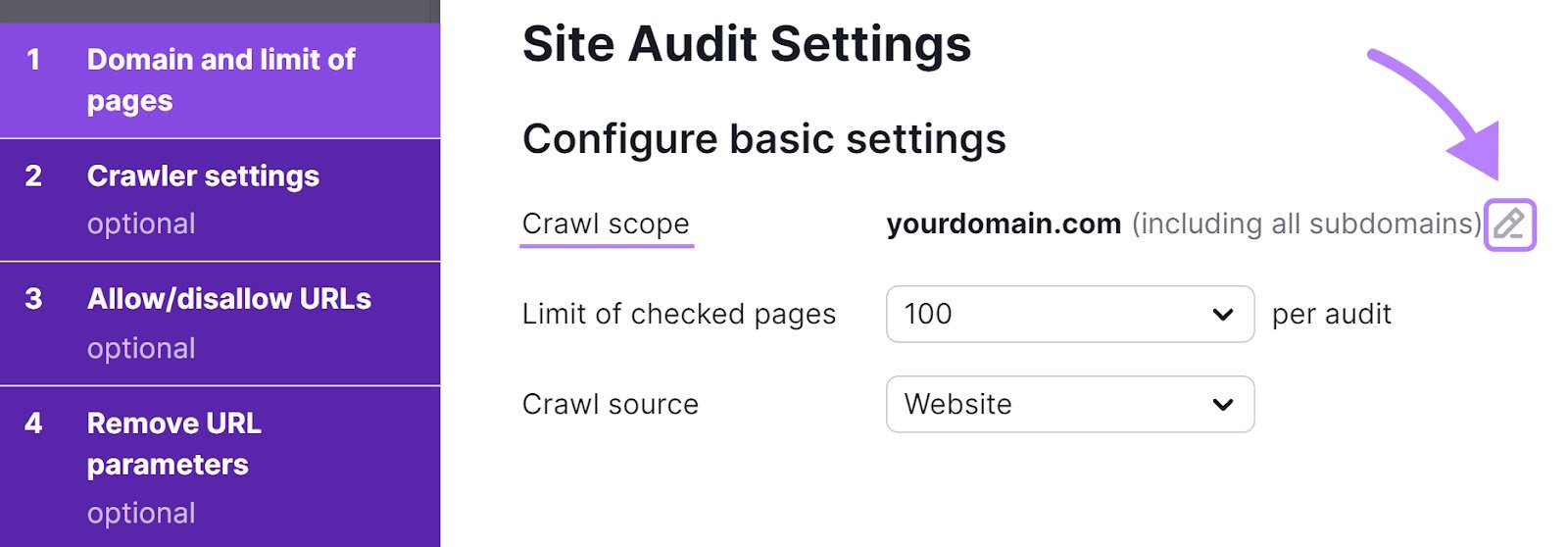 &ldquo;1. Domain and limit of pages&rdquo; tab in &ldquo;Site Audit Settings&rdquo; window