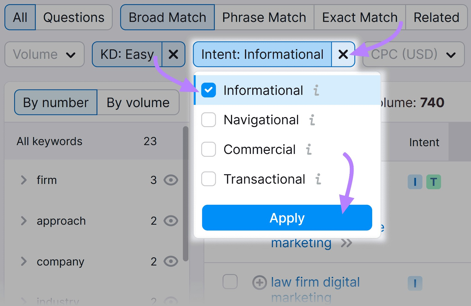 &ldquo;Intent&rdquo; filter drop-down menu