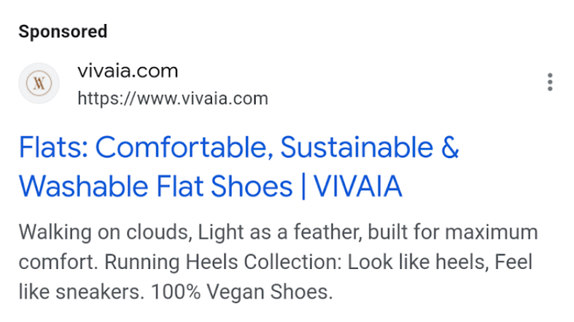 Vivaia's Google search ad for &ldquo;comfortable ballet flats" query