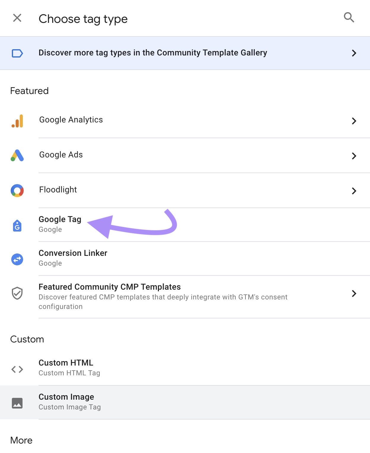 "Google Tag" option selected under the &ldquo;Choose tag type&rdquo; window