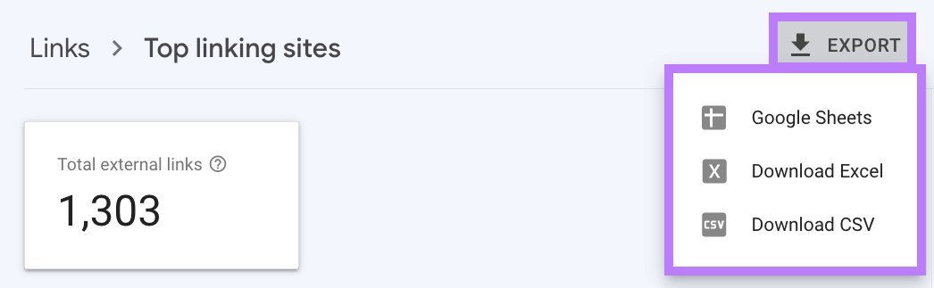 "Export" drop-down menu in the &ldquo;Top linking sites&rdquo; section