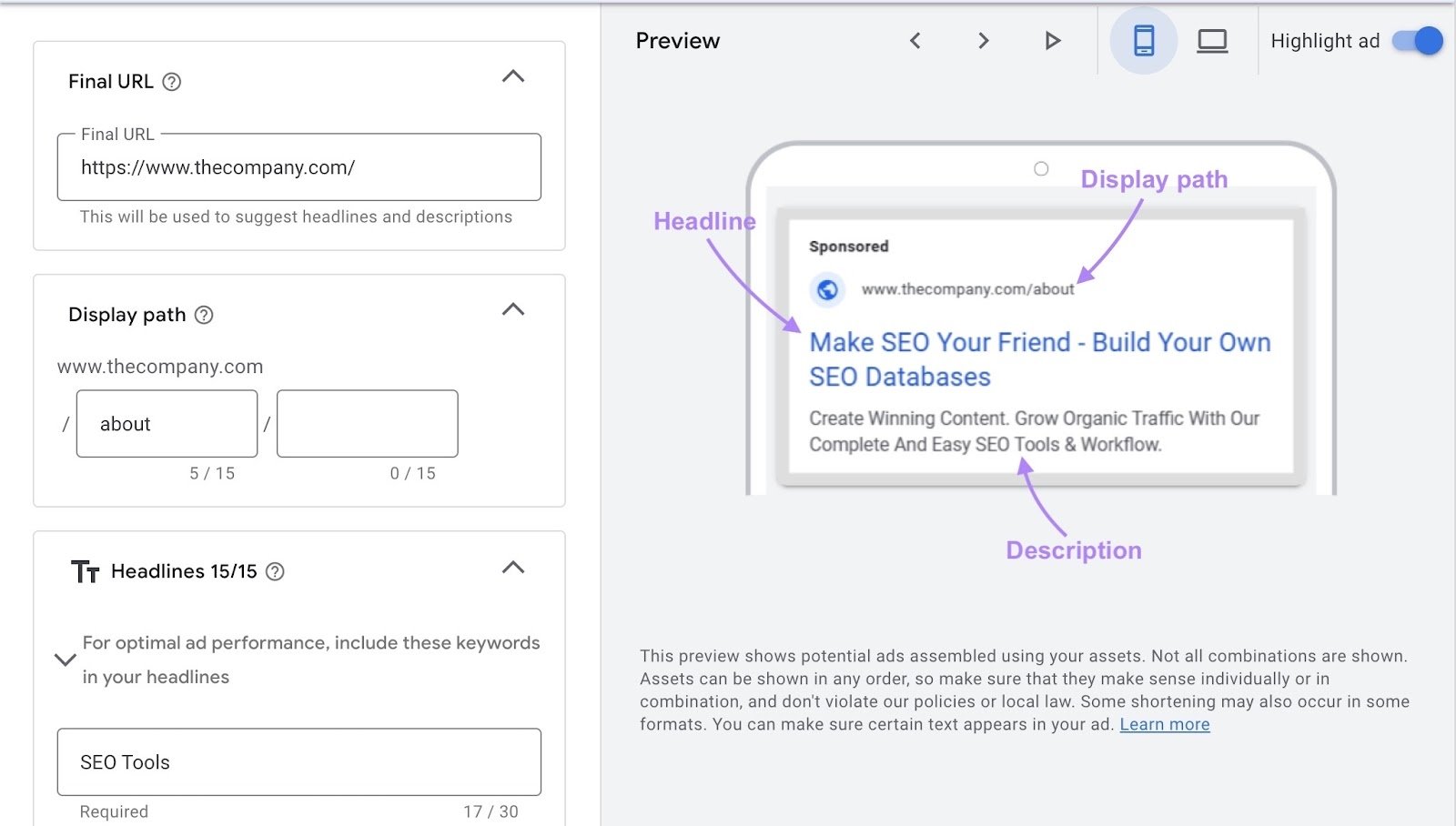 Writing an ad copy on Google ads with an ad preview appearing on the left with the headline, description, and display path highlighted.