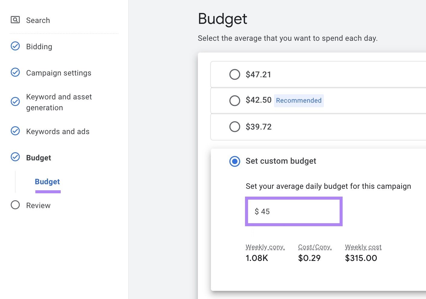 Budget settings on Google Ads with "Set custom budget" selected and an amount entered.