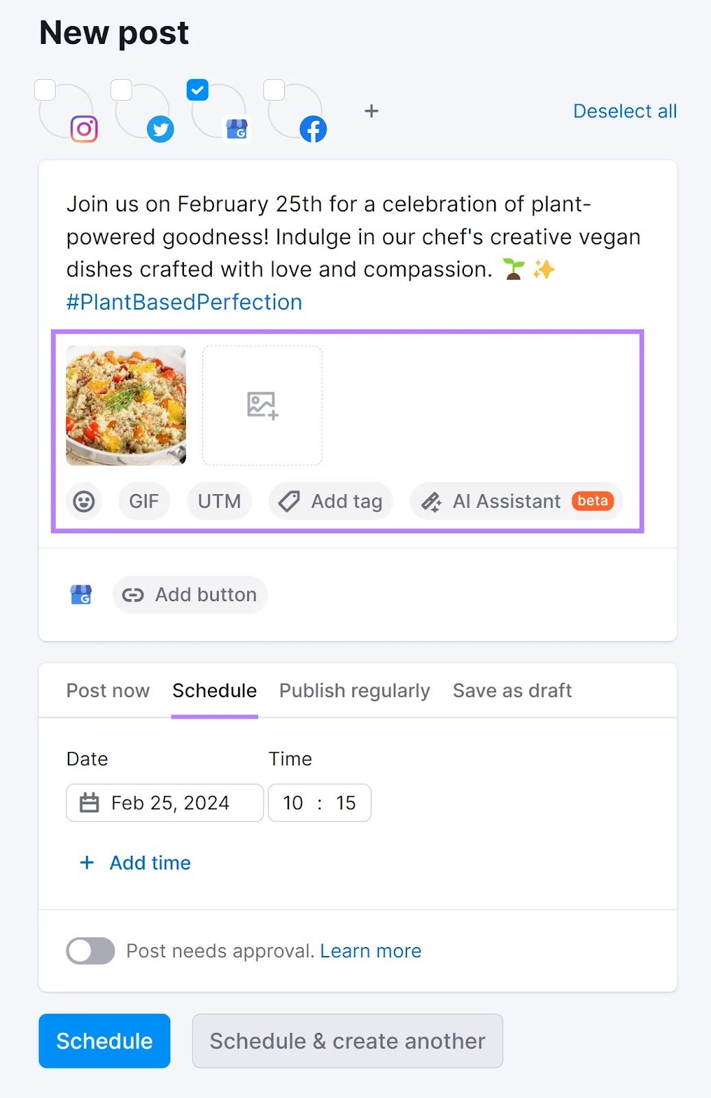 "New post" window of the Social Poster tool with the image, UTM, and AI Assistant area highlighted