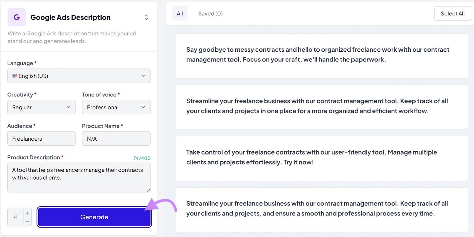 &ldquo;Google Ads Description&rdquo; tool in AI Writing Assistant app
