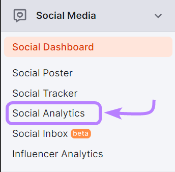&ldquo;Social Analytics" selected from the Semrush menu