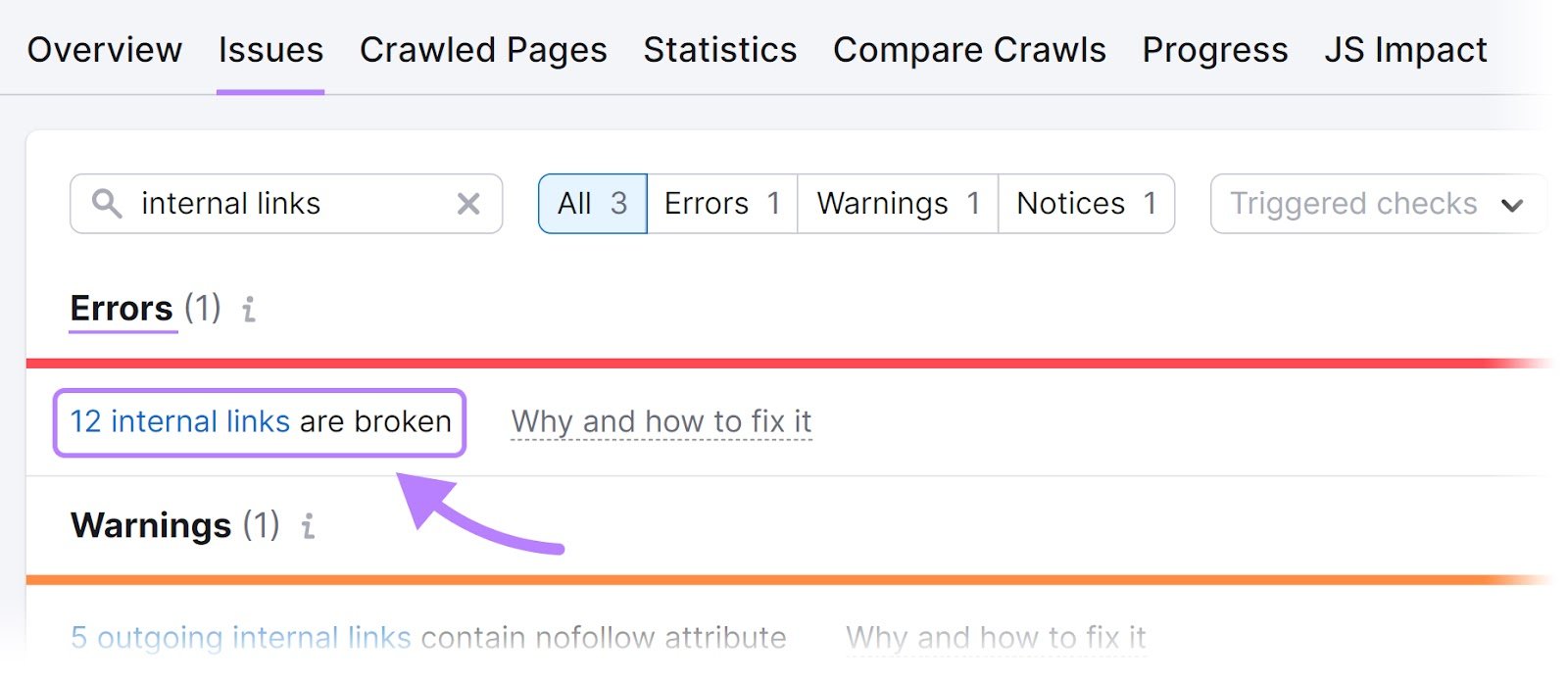 "12 internal links are broken&rdquo; message in the &ldquo;Errors&rdquo; section