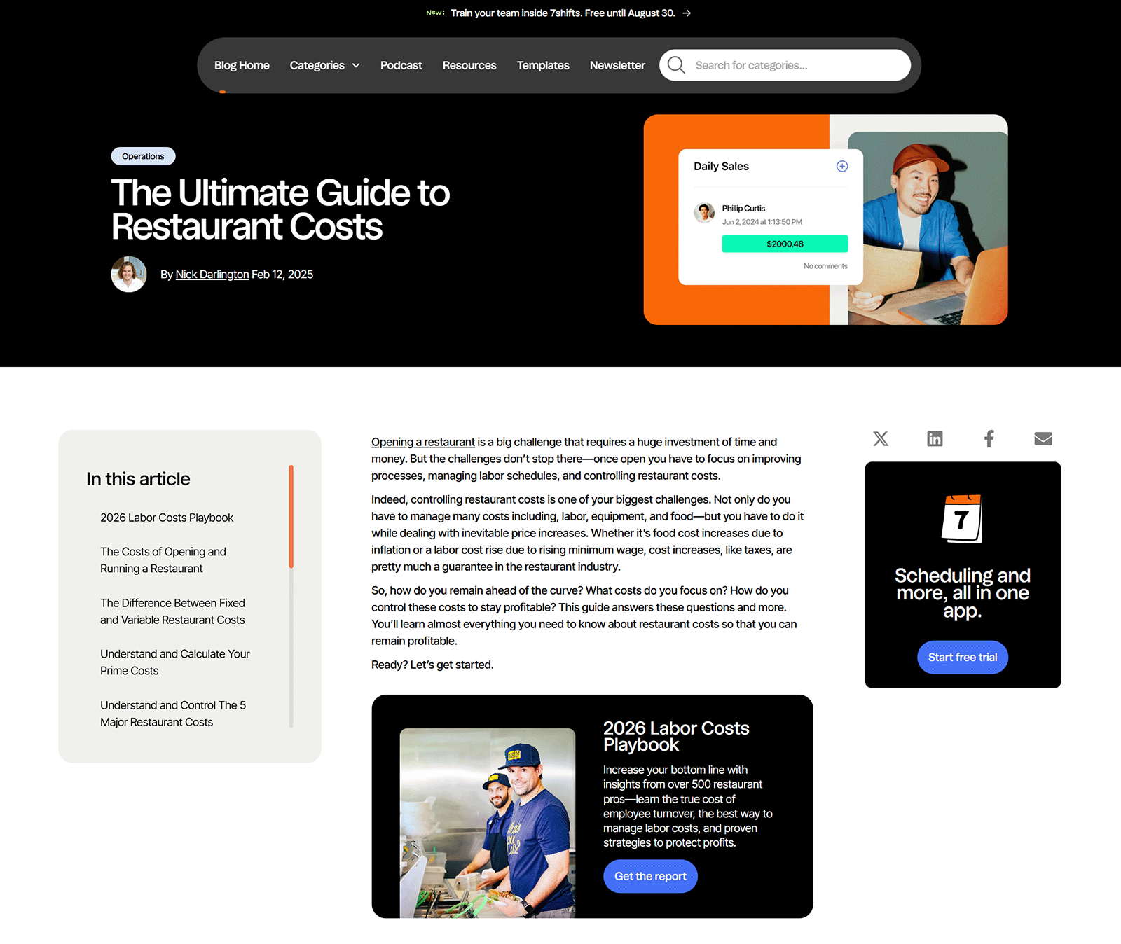 7shifts pillar page titled &ldquo;The Ultimate Guide to Restaurant Costs&rdquo; with navigation to sections covering related subtopics